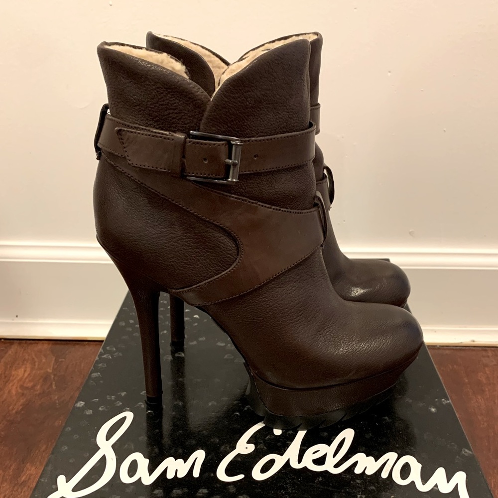 Sam Edelman Brown Faux Shearling Platform Booties